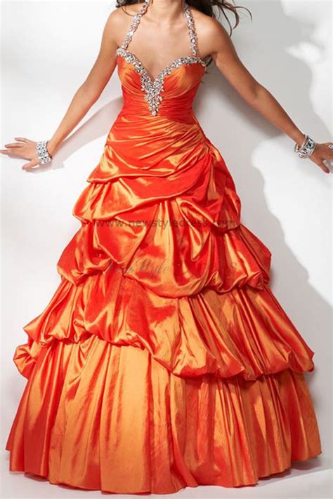 Crimson Or Orange Taffeta Halter Sweetheart Ruched Prom Dresses Np 0180