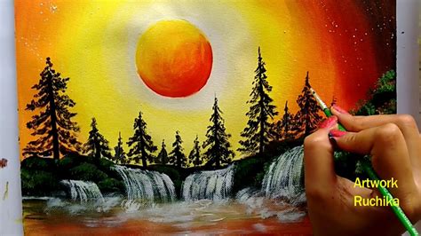 Waterfall Landscape Painting Sunset Scenery Painting Acrylic