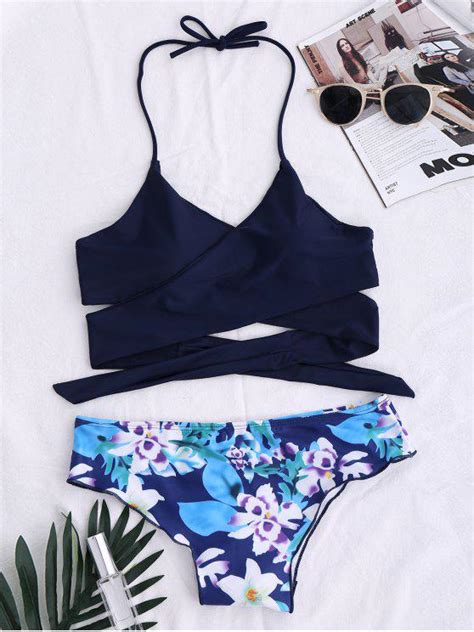 [35 off] 2021 string floral panel bikini set in purplish blue zaful