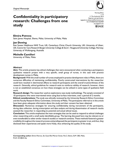 Pdf Confidentiality In Participatory Research Challenges From One Study