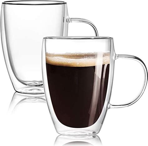 2 pack 12 oz double walled glass coffee mugs with handle insulated layer coffee cups clear