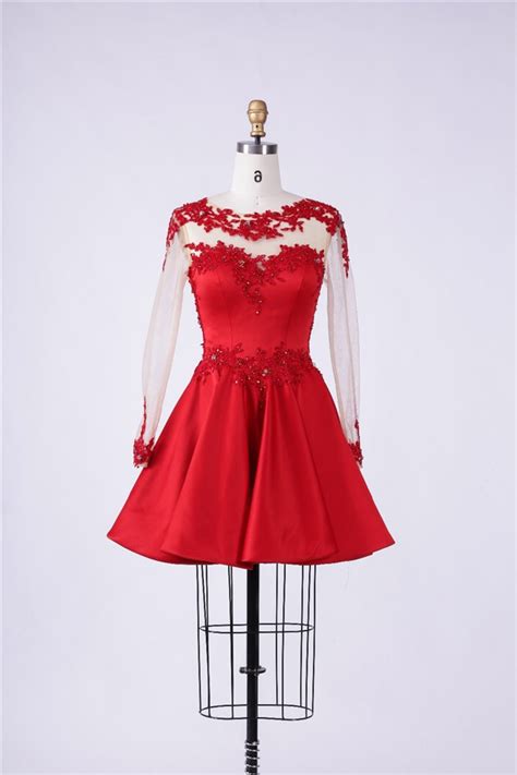 Ball Sheer Tulle Sleeve Short Red Satin Lace Beaded Prom Dress
