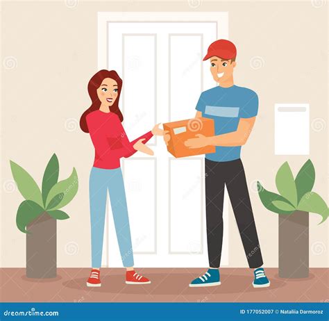 Vector Illustration Of Delivery Concept Woman Getting Package From