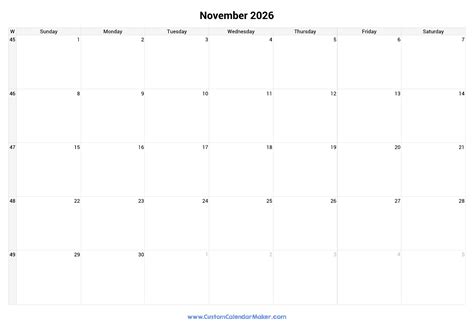 November 2026 Printable Calendar With Week Numbers