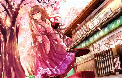 Anime Girl Beautiful Brown Hair Building Flowers Haruka Natsuki Japanese Clothes Kimono Long