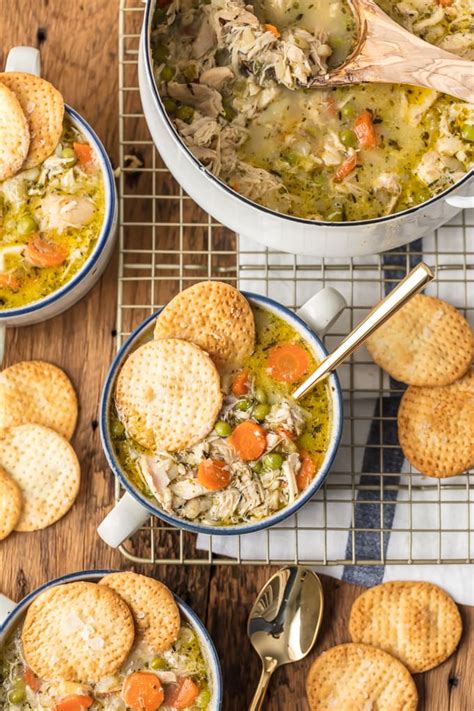 Chicken pot pie is traditionally made in a pie dish or a round dish with chicken, vegetables, gravy, and herbs in a pie crust. Chicken Pot Pie Soup with Pie Crust Crackers - Cravings Happen