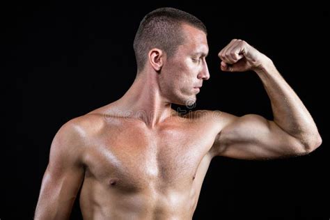 Serious Shirtless Athlete Flexing Muscles Stock Image Image Of
