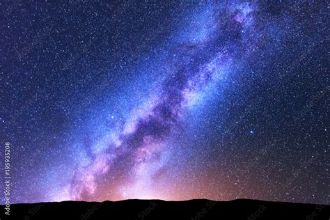 Milky Way Space Scenic Night Landscape With Bright Milky Way Sky Full Of Stars Orange Light