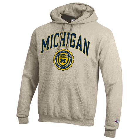 University Of Michigan Arch And Seal Champion Hoodie Sweatshirt Oatmeal