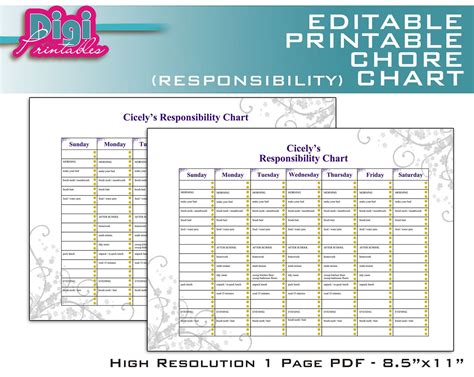 Editable Printable Chore Chart Responsibility By Digiprintables
