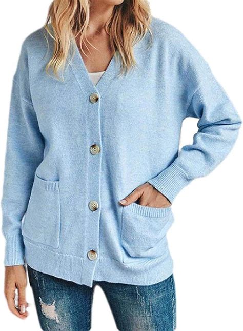 Qnmgb Womens Knitted Button Up Solid Color Pockets Stylish Sweater