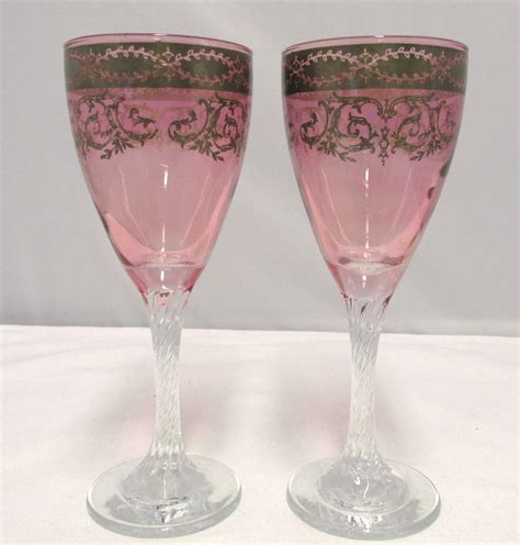 Vintage Rose Colored Wine Glasses With Spiral Stem And Pewter Shaded