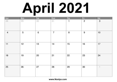 Celebrating easter is very popular during this month. April 2021 Calendar Printable - Free Download - Noolyo.com