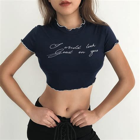 SOSHIRL Letter Embroidery T Shirt Navy Blue Sexy Short Tops For Women