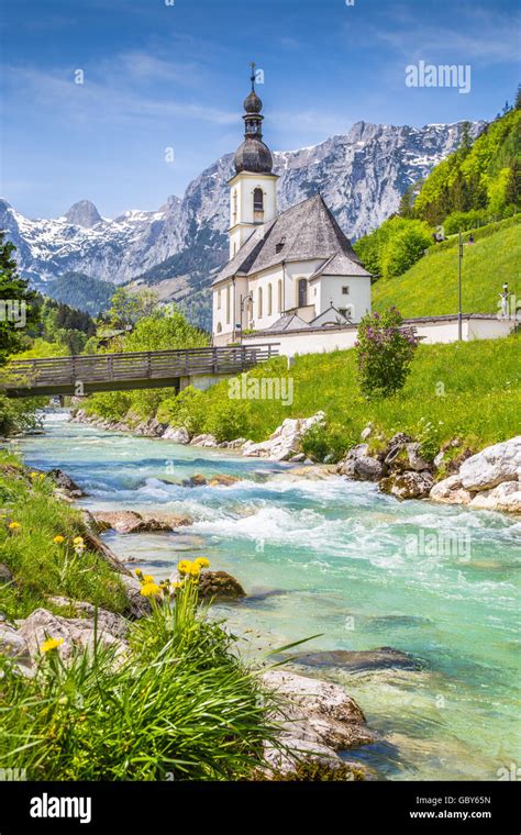 Scenic Mountain Landscape In The Bavarian Alps With Famous Parish