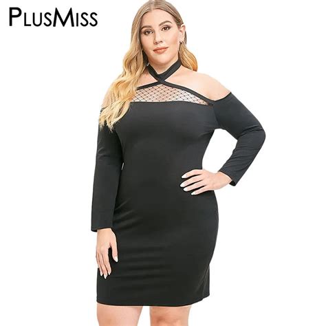 Plusmiss Plus Size 5xl Sexy Lace Mesh Halter Dress Women Long Sleeve