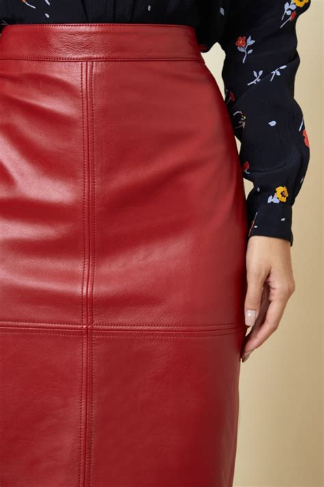 Burgundy Leather Look Panelled A Line Midi Skirt