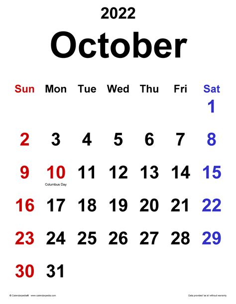 October 2022 Calendars For Word Excel And Pdf Riset