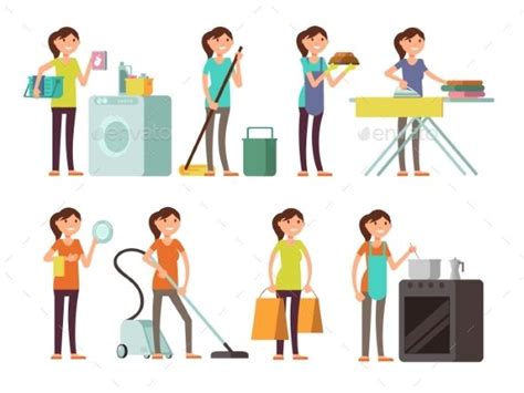 Cartoon Housewife In Housework Activity Vector Set Housework Human
