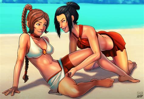 Rule 34 2girls Absurdres Avatar The Last Airbender Azula Beach Biting Lip Breasts Cleavage
