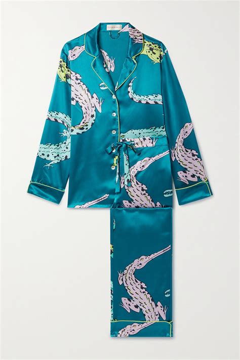 Olivia Von Halle Lila Printed Silk Satin Pajama Set In Blue Lyst