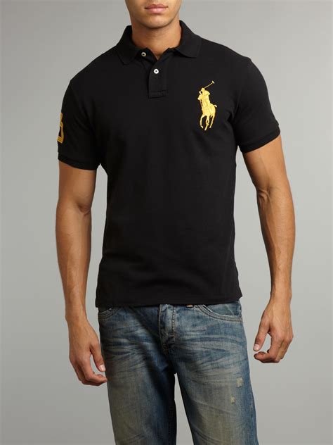 Polo Ralph Lauren Custom Fitted Gold Big Pony Polo Shirt In Black For