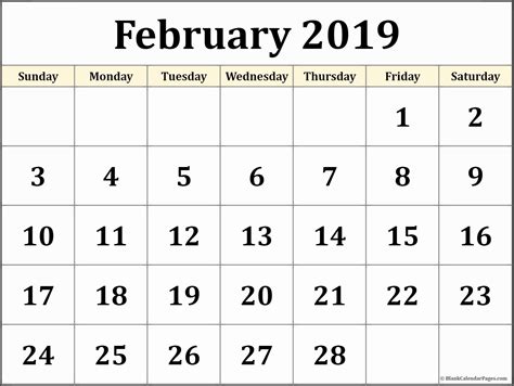 Online Blank Calendar February 2019 Word Printable Templates