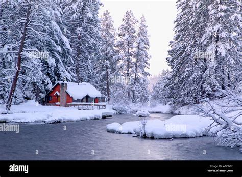Metolius River In Snow With Cabin Oregon Stock Photo 3248225 Alamy