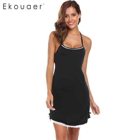 Ekouaer Brand Spaghetti Strap Nightwear Women Sleeveless Lace Trimmed