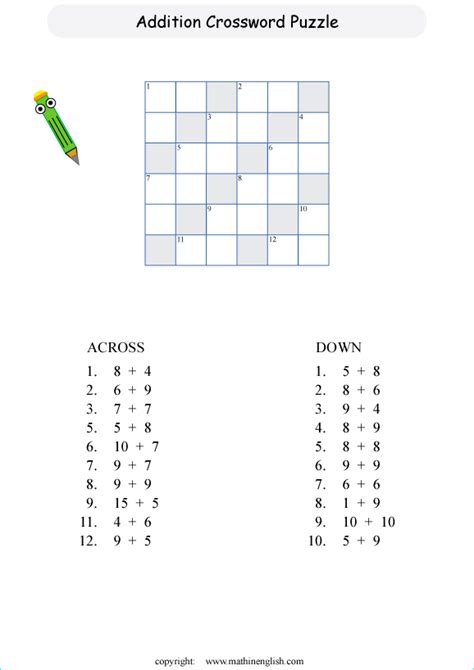 These decimals worksheets are a great resource for children in kindergarten, 1st grade, 2nd grade. Addition Crossword puzzle with addends up to 20