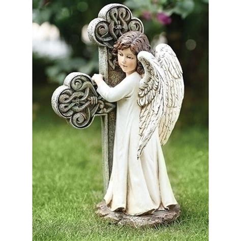 Roman 1175 Angel Facing Cross Religious Outdoor Garden Statue White