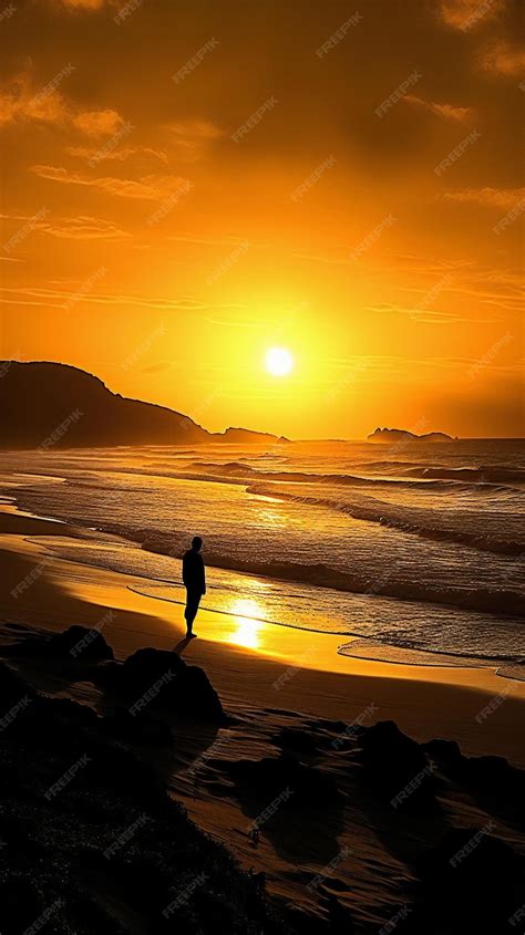 Premium Ai Image Silhouette Of A Man Walking On The Beach At Sunset