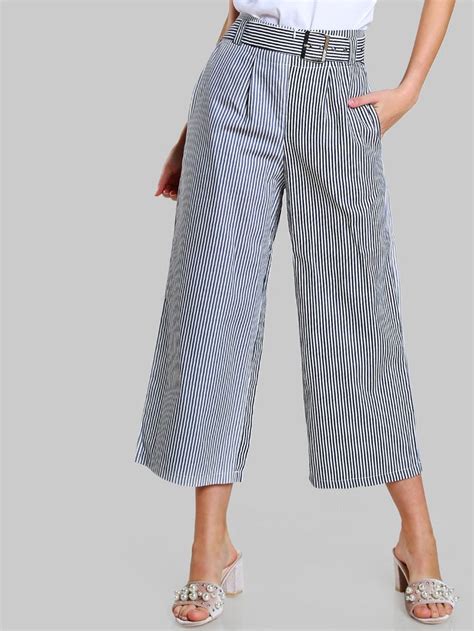 Shop High Waist Belted Striped Pants Blue Online Shein Offers High
