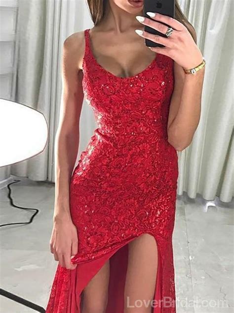 Sexy Sparkly Red Mermaid Side Slit Long Evening Prom Dresses Cheap Cu Loverbridal