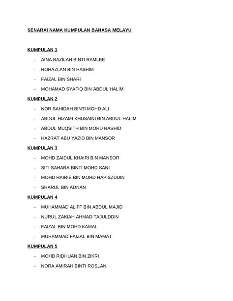 Docx Senarai Nama Kumpulan Bahasa Melayu Dokumentips
