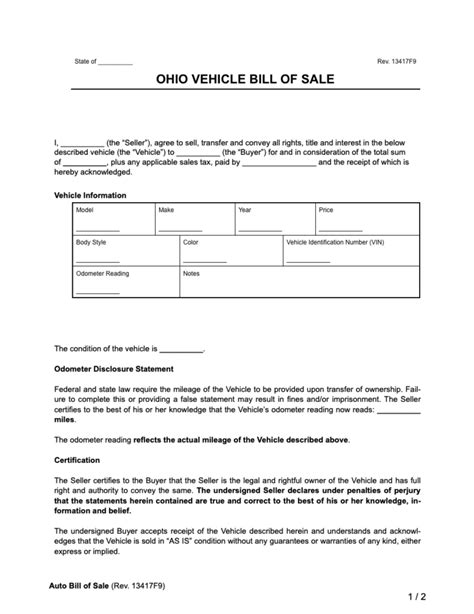 Free Ohio Motor Vehicle Bill Of Sale Form