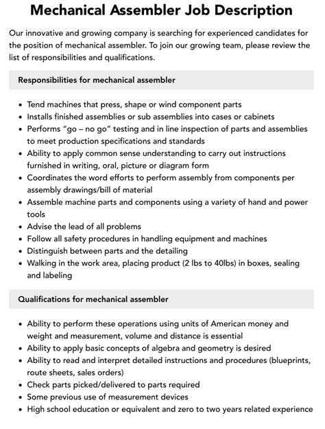 Mechanical Assembler Job Description Velvet Jobs