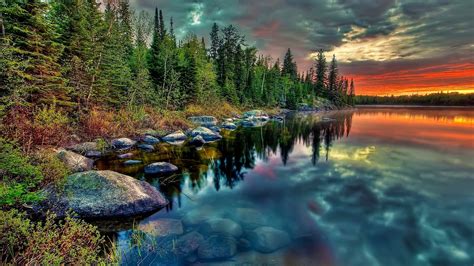 Forest Lake Sunset Stones High Definition Wallpapers Hd Wallpapers