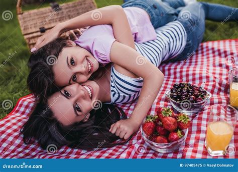 mom and daughter on picnic stock image image of cheerful 97405475