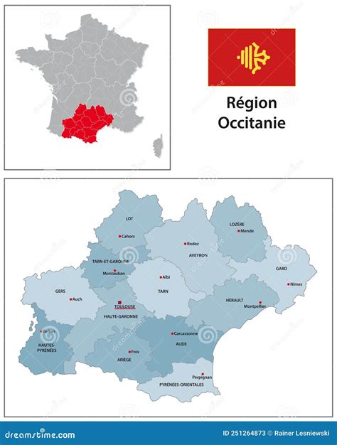 Administrative Vector Map With Flag Of French Region Of Occitania Stock