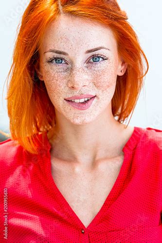 Beautiful Redhead Freckled Woman Smiling Seductive Biting Lips Buy