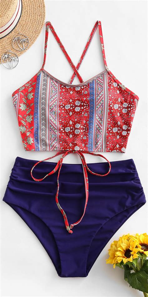 Zaful Ruched Lace Up Bohemian Printed Tankini Swimsuit Style Bohemian
