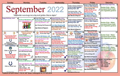 September 2022 Calendar Assisted Living Traditions At North Willow