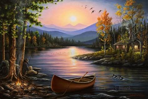 Lake Cabin Landscape Art Print Campfire Stories Landscape