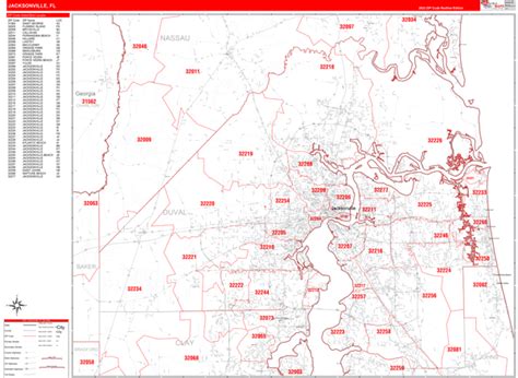 Jacksonville Florida Zip Code Wall Map Red Line Style By Marketmaps