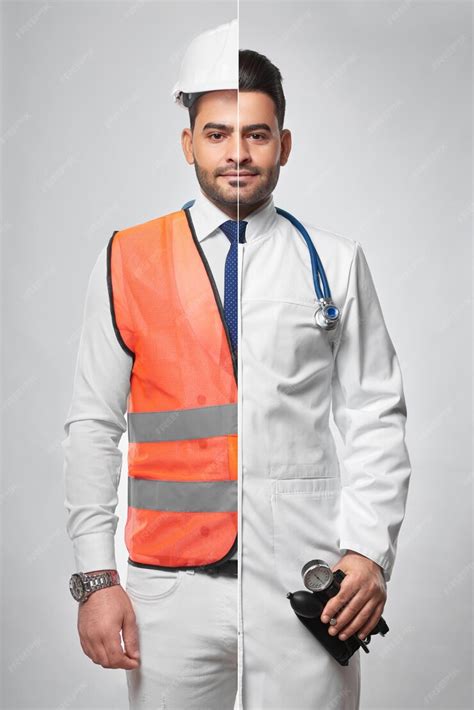 Premium Photo Combined Portrait Of A Man Dressed In Constructionist