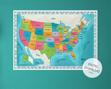 Printable Colorful United States Map Poster A2 Hand Drawn Illustration