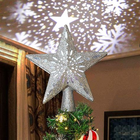 Silver Star Tree Topper With White Snowflake Star Projector Lights