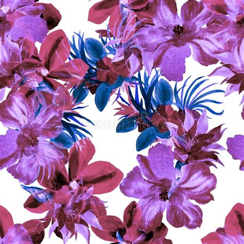 Pink Watercolor Leaves Blue Flower Garden Red Seamless Decor