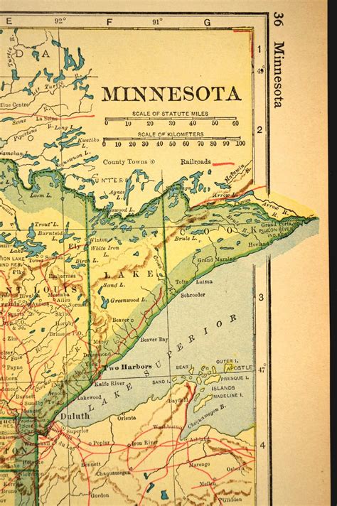 Minnesota Map Of Minnesota Wall Decor Art Railroad Antique Etsy